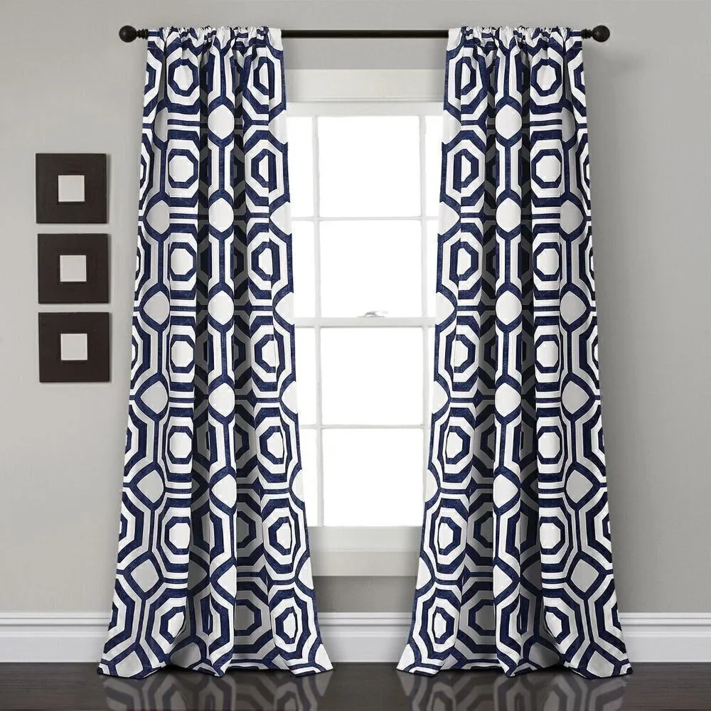 Room Darkening Window Curtain Navy 52X84 Set Half Moon Octagon Blocks #2567